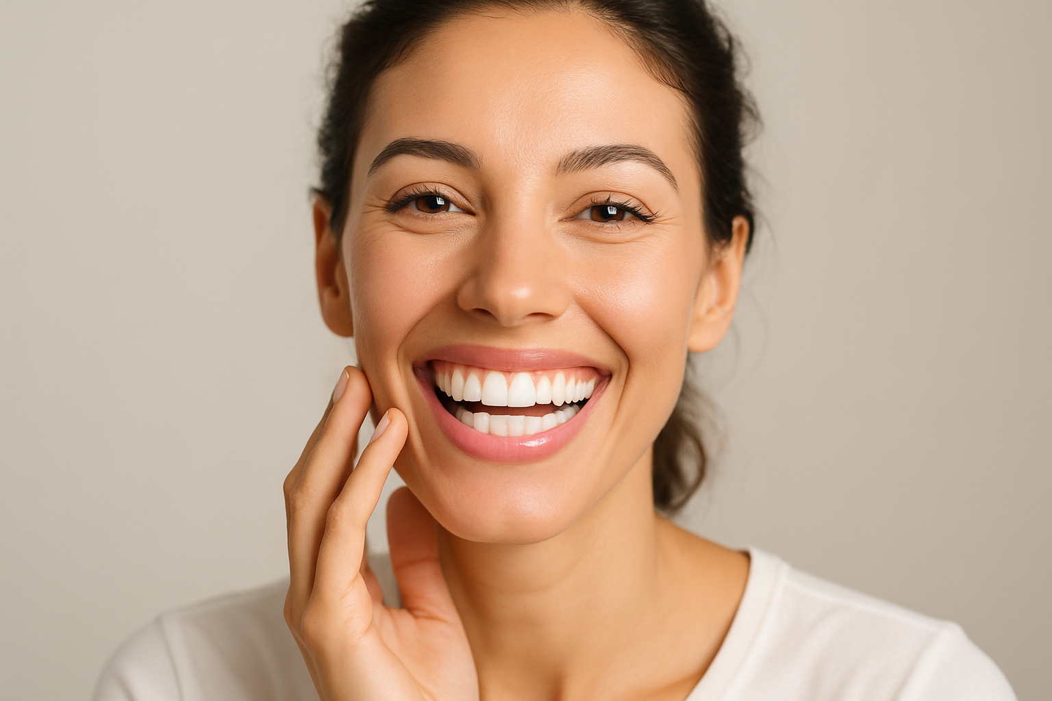 Woman showing off her white teeth after using teeth whiteing strips